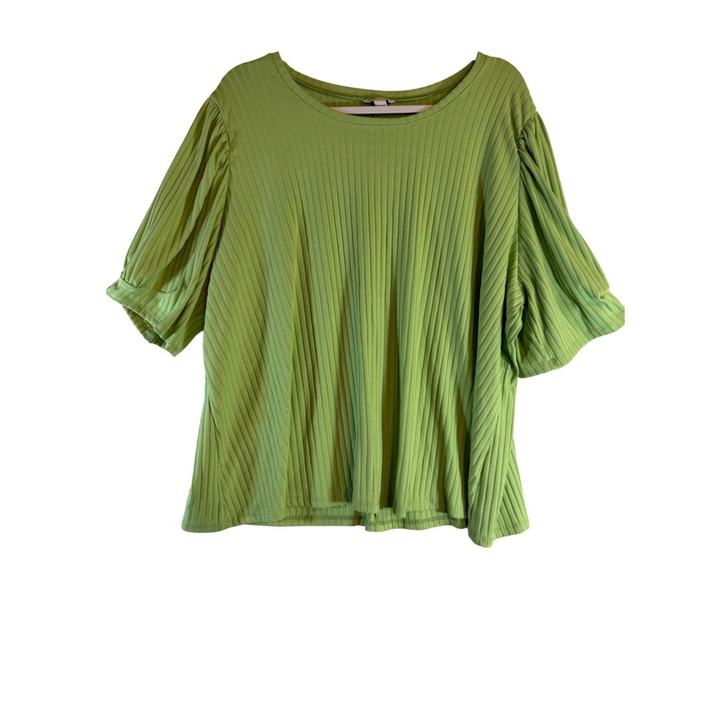 Cato Womens 22/24W Lime Green Ribbed Puff Sleeve Knit Top Crew Neck Plus Size